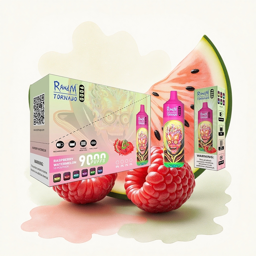 RandM Fumot Tornado 9000 Puffs Raspberry Watermelon Rechargeable 850mAh Mesh Coil