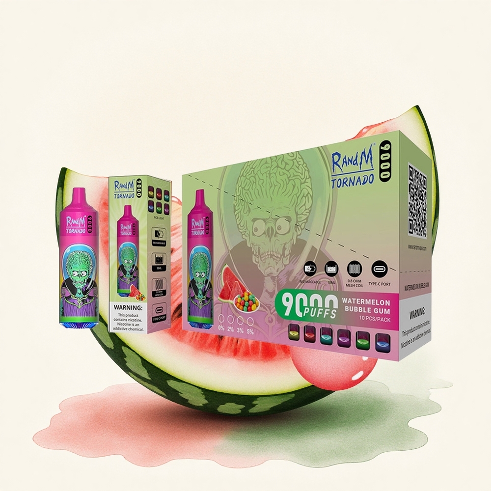 RandM Fumot Tornado 9000 Puffs Watermelon Bubble Gum Mesh Coil RGB Display 18mL