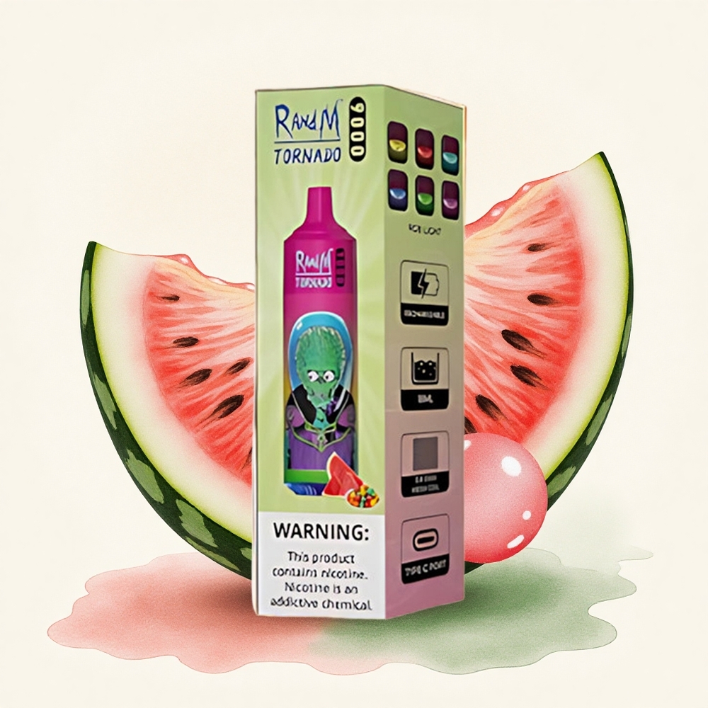 RandM Fumot Tornado 9000 Puffs Watermelon Bubble Gum Mesh Coil RGB Display 18mL